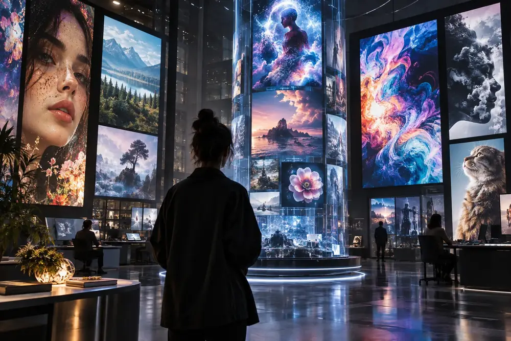 Advanced AI model laboratory with luminous image panels displaying portraits, landscapes, and abstract art